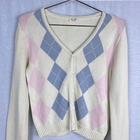 John Galt Sweater Elizabeth Argyle Pastel Cardigan Soft Girl Preppy Tennis Y2K - Picture 2 of 6